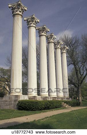 Stock Image -  columns, Fulton, MO, Missouri, Columns of Old Westminster Hall on the campus of Westminster College in Fulton.. Fotosearch