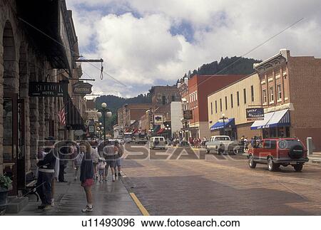Stock Photograph -  Deadwood, SD, Black Hills, South Dakota, Shops along the main street in downtown Deadwood a National Historic Landmark.. Fotosearch