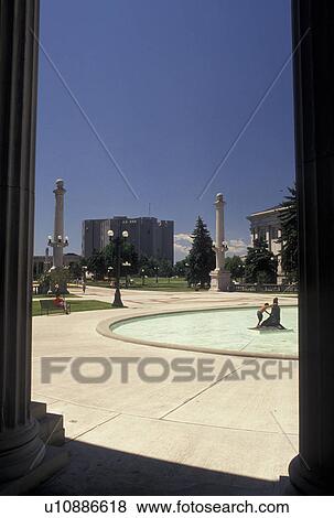 Stock Photo -  Denver, CO, Colorado, Fountain at Civic Center Park in downtown Denver.. Fotosearch