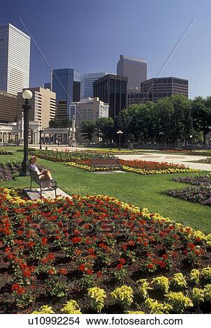 Denver, CO, Colorado, Skyline of downtown Denver from Civic Center Park adorned with flowers. View Large Photo Image Picture - Denver, CO, Colorado, Skyline of downtown Denver from Civic Center Park adorned with flowers.. Fotosearch