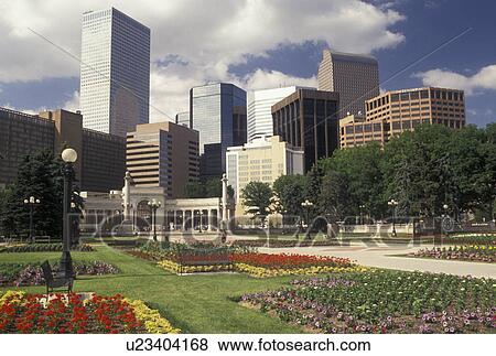 Denver, CO, Colorado, Skyline of downtown Denver from Civic Center Park adorned with flowers. View Large Photo Image Stock Photo - Denver, CO, Colorado, Skyline of downtown Denver from Civic Center Park adorned with flowers.. Fotosearch