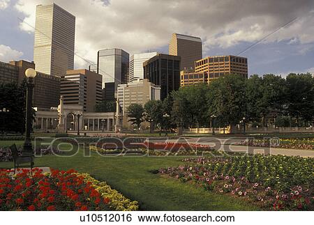 Denver, CO, Colorado, Skyline of downtown Denver from Civic Center Park adorned with flowers. View Large Photo Image Stock Photograph - Denver, CO, Colorado, Skyline of downtown Denver from Civic Center Park adorned with flowers.. Fotosearch