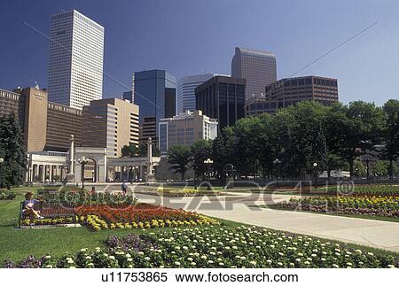 Denver, CO, Colorado, Skyline of downtown Denver from Civic Center Park adorned with flowers. View Large Photo Image Stock Photography - Denver, CO, Colorado, Skyline of downtown Denver from Civic Center Park adorned with flowers.. Fotosearch