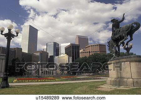 Denver, skyline, CO, Colorado, Broncobuster statue in Civic Center Park and skyline of downtown Denver. View Large Photo Image Stock Photo - Denver, skyline, CO, Colorado, Broncobuster statue in Civic Center Park and skyline of downtown Denver.. Fotosearch