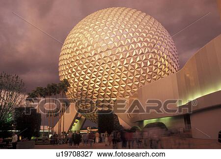 Stock Photo -  Disney World, Epcot, Orlando, FL, Lake Buena Vista, Florida, Spaceship Earth in Epcot Center in the evening at Walt Disney World in Lake Buena Vista. . Fotosearch
