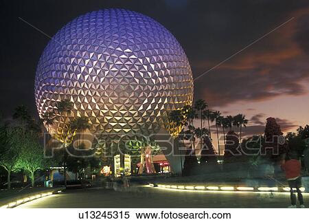 Disney World, Epcot, Orlando, FL, Lake Buena Vista, Florida, Spaceship Earth in Epcot Center illuminated at night at Walt Disney World in Lake Buena Vista. View Large Photo Image Stock Photography - Disney World, Epcot, Orlando, FL, Lake Buena Vista, Florida, Spaceship Earth in Epcot Center illuminated at night at Walt Disney World in Lake Buena Vista. . Fotosearch