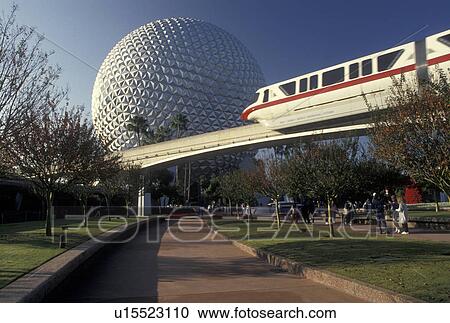 Stock Image -  Disney World, monorail, Epcot, Orlando, Florida, FL, Lake Buena Vista, The Monorail passes by Spaceship Earth in Epcot Center at Walt Disney World in Lake Buena Vista. . Fotosearch