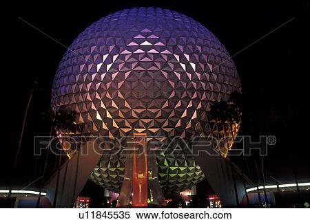 Disney World, Orlando, FL, Epcot, Lake Buena Vista, Florida, Spaceship Earth in Epcot Center illuminated at night at Walt Disney World in Lake Buena Vista. View Large Photo Image Stock Photography - Disney World, Orlando, FL, Epcot, Lake Buena Vista, Florida, Spaceship Earth in Epcot Center illuminated at night at Walt Disney World in Lake Buena Vista. . Fotosearch