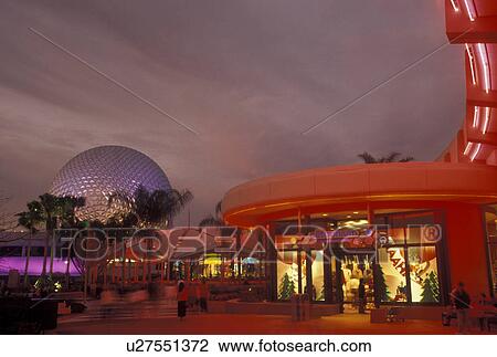 Disney World, Orlando, FL, Lake Buena Vista, Epcot, Florida, Gift shops and Spaceship Earth illuminated at night in Epcot Center at Walt Disney World in Lake Buena Vista. View Large Photo Image Stock Image - Disney World, Orlando, FL, Lake Buena Vista, Epcot, Florida, Gift shops and Spaceship Earth illuminated at night in Epcot Center at Walt Disney World in Lake Buena Vista. . Fotosearch