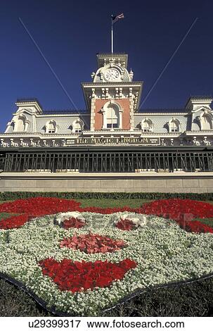 Disney World, Orlando, FL, Lake Buena Vista, Florida, A flower garden decorated as Mickey Mouse outside the Railroad Station of the Magic Kingdom at Walt Disney World in Lake Buena Vista. View Large Photo Image Stock Photo - Disney World, Orlando, FL, Lake Buena Vista, Florida, A flower garden decorated as Mickey Mouse outside the Railroad Station of the Magic Kingdom at Walt Disney World in Lake Buena Vista.. Fotosearch