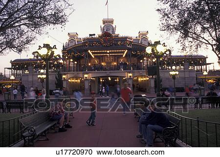 Disney World, Orlando, Florida, FL, Lake Buena Vista, Magic Kingdom, Railroad Station in the evening during the Christmas holidays in the Magic Kingdom at Walt Disney World in Lake Buena Vista. View Large Photo Image Stock Image - Disney World, Orlando, Florida, FL, Lake Buena Vista, Magic Kingdom, Railroad Station in the evening during the Christmas holidays in the Magic Kingdom at Walt Disney World in Lake Buena Vista.. Fotosearch