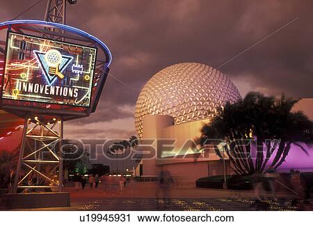 Epcot, Disney World, Orlando, Florida, FL, Lake Buena Vista, Innoventions (The Road to Tomorrow) and Spaceship Earth illuminated at night in Epcot Center at Walt Disney World in Lake Buena Vista. View Large Photo Image Stock Image - Epcot, Disney World, Orlando, Florida, FL, Lake Buena Vista, Innoventions (The Road to Tomorrow) and Spaceship Earth illuminated at night in Epcot Center at Walt Disney World in Lake Buena Vista. . Fotosearch