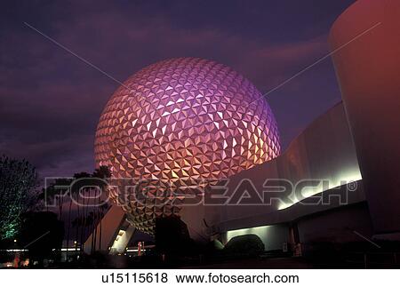 Stock Photo -  Epcot, Florida, Disney World, Orlando, FL, Lake Buena Vista, Spaceship Earth in Epcot Center illuminated at night at Walt Disney World in Lake Buena Vista. . Fotosearch