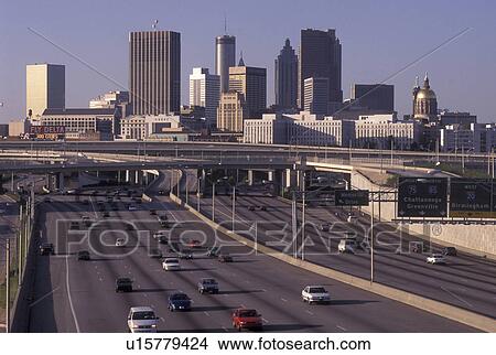 Picture -  expressway, Atlanta, GA, Georgia, Skyline of Atlanta. Traffic on interstate I-85/75 in Atlanta.. Fotosearch