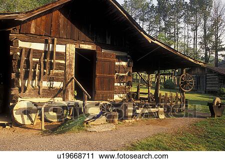 Stock Image -  farm, Norris, TN, Tennessee, Buildings on the farm at the Museum of Appalachia a pioneer mountain village in Norris.. Fotosearch