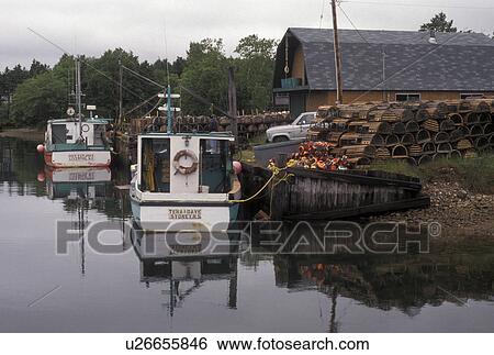 Stock Photograph -  fishing nets, fishing boat, Cape Breton, Cabot Trail, Nova Scotia, NS, Canada, Fishing village of Dingwall on Cape Breton Island on in Nova Scotia. . Fotosearch