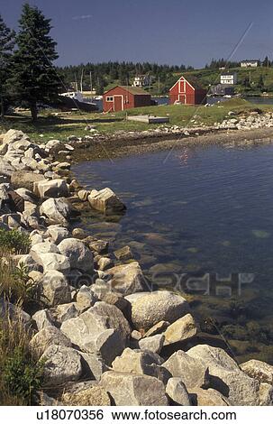 Stock Photograph -  fishing village, Hacketts Cove, Nova Scotia, NS, Canada, Atlantic Ocean, Scenic view of the rocky coastline on Hacketss Cove in Nova Scotia. . Fotosearch