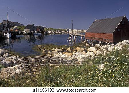 Stock Image -  fishing village, Indian Harbor, Nova Scotia, NS, Canada, Atlantic Ocean, Scenic view of the rocky coastline of Indian Harbor in Nova Scotia. . Fotosearch