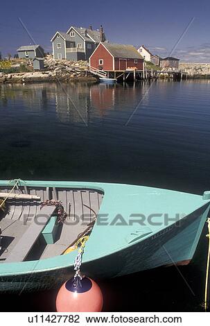 Stock Image -  fishing village, Peggy's Cove, Lobster fishing boat, Nova Scotia, NS, Canada, Atlantic Ocean, Scenic view of the fishing village of Peggy's Cove in Nova Scotia. . Fotosearch