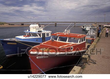 Stock Photo -  fishing village, Prince Edward Island, Covehead Bridge, Prince Edward Island National Park, P. E. I Canada, Gulf of St. Lawrence, Lobster fishing boats docked in the harbor in Covehead Bridge on Prince Edward Island.. Fotosearch