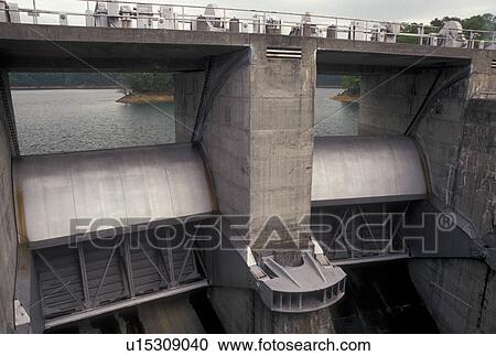 Stock Image -  Fontana Dam, NC, North Carolina, Spillway at Fontana Dam, the tallest dam in the Eastern United States, Tennessee Valley Authority.. Fotosearch