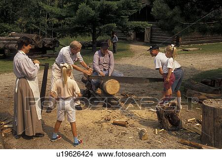 forestry, logging, Grand Rapids, MN, Minnesota, Interpreter teaches two men how to use a two man saw at the 19th-century Logging Camp at the Forest History Center in Grand Rapids. View Large Photo Image Picture -  forestry, logging, Grand Rapids, MN, Minnesota, Interpreter teaches two men how to use a two man saw at the 19th-century Logging Camp at the Forest History Center in Grand Rapids.. Fotosearch