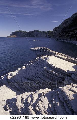 Stock Photography -  Forillon National Park, Gaspe Peninsula, Quebec, Canada, Gulf of St. Lawrence, Jagged seaside cliffs on Cap Bon Ami in Forillon National Park on the Gaspe Peninsula on the Gulf of St. Lawrence in Quebec.. Fotosearch