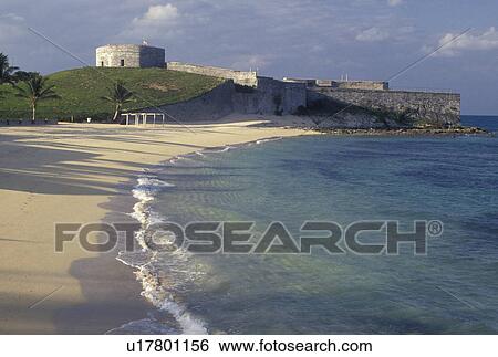 Stock Photograph -  fort, Bermuda, St. George's Parish, Fort St. Catherine on St. Catherine's Beach on the Atlantic Ocean in St George in Bermuda.. Fotosearch