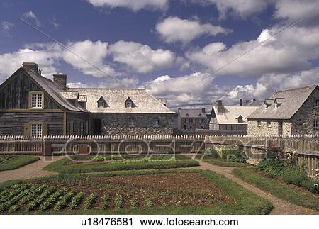 Stock Image -  fort, Cape Breton, Nova Scotia, NS, Canada, Atlantic Ocean, Village and gardens at the Fortress of Louisbourg National Historic Site on Cape Breton Island in Nova Scotia. . Fotosearch