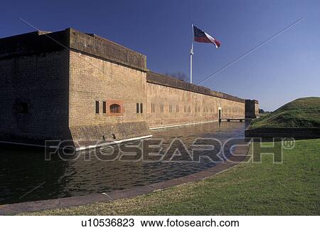 Stock Image -  fort, Fort Pulaski, GA, Savannah, Georgia, Fort Pulaski National Monument, an irregular pentagon building surrounded by a moat, in Georgia. Fotosearch
