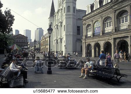 Stock Photo -  French Quarter, St. Louis Cathedral, New Orleans, LA, Louisiana, Tourists outside Saint Louis Cathedral at Jackson Square in the French Quarter in New Orleans. . Fotosearch