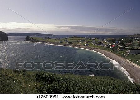 Gaspe Peninsula, Perce, Quebec, Canada, Gulf of St. Lawrence, Scenic view of Anse Du Nord and the town of Perce on the Gulf of St. Lawrence on Gaspe Peninsula in Quebec. View Large Photo Image Stock Image -  Gaspe Peninsula, Perce, Quebec, Canada, Gulf of St. Lawrence, Scenic view of Anse Du Nord and the town of Perce on the Gulf of St. Lawrence on Gaspe Peninsula in Quebec.. Fotosearch