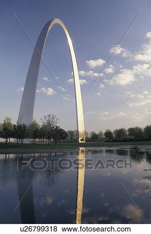 Stock Photo -  Gateway Arch, St. Louis, MO, Missouri, A reflection of The Gateway Arch in the pond at the Jefferson National Expansion Memorial in Saint Louis. Gateway to the West.. Fotosearch