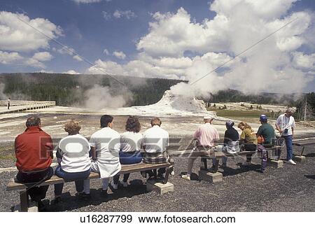 geyser, Yellowstone National Park, WY, Wyoming, People watching Castle Geyser in Upper Geyser Basin in Yellowstone Nat'l Park in Wyoming. View Large Photo Image Stock Photo - geyser, Yellowstone National Park, WY, Wyoming, People watching Castle Geyser in Upper Geyser Basin in Yellowstone Nat'l Park in Wyoming.. Fotosearch