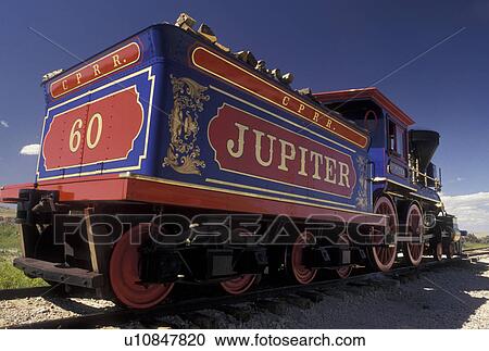 Stock Image -  Golden Spike National Historic Site, UT, train, locomotive, Utah, The 1869 Steam Locomotive Jupiter at the Golden Spike Nat'l Historic Site where the Union Pacific and Central Pacific rails met on May 10, 1869. Fotosearch