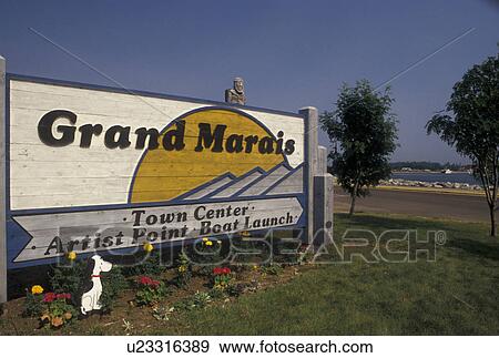Grand Marais, MN, Minnesota, Lake Superior, North Shore Drive, Entrance sign to the town of Grand Marais. View Large Photo Image Stock Photo - Grand Marais, MN, Minnesota, Lake Superior, North Shore Drive, Entrance sign to the town of Grand Marais.. Fotosearch