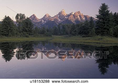 Grand Teton National Park, Snake River, Jackson Hole, WY, Wyoming, Scenic view of the Grand Teton Mountains reflecting in the calm waters of the Snake River at sunrise in Grand Teton Nat'l Park in Wyoming. View Large Photo Image Stock Photo - Grand Teton National Park, Snake River, Jackson Hole, WY, Wyoming, Scenic view of the Grand Teton Mountains reflecting in the calm waters of the Snake River at sunrise in Grand Teton Nat'l Park in Wyoming.. Fotosearch