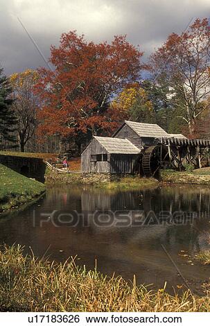 Stock Photograph -  grist mill, Blue Ridge, VA, Virginia, Scenic view of Mabry Mill surrounded by colorful fall foliage along the Blue Ridge Parkway in autumn in Virginia.. Fotosearch