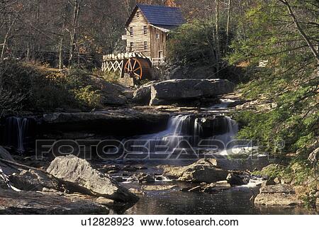 Stock Image -  grist mill, WV, Babcock State Park, West Virginia, Waterfalls on Glade Creek along Glade Creek Grist Mill at Babcock State Park in autumn.. Fotosearch