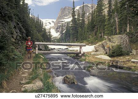 Stock Photography -  hiking, Rocky Mountain National Park, CO, Colorado, Rocky Mountains, Woman hiking with a backpack on a trail along a scenic river near Odessa Lake in Rocky Mountain Nat'l Park.. Fotosearch