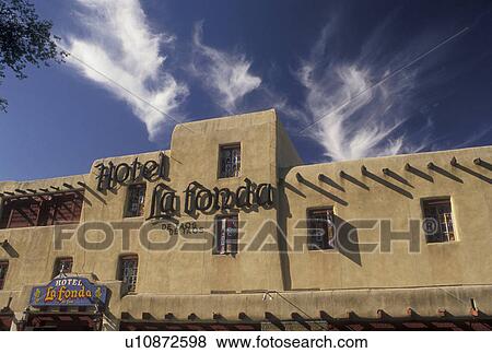 hotel, Taos, NM, New Mexico, Hotel La Fonda de Taos, adobe style architecture, in the village of Taos. View Large Photo Image Stock Photo - hotel, Taos, NM, New Mexico, Hotel La Fonda de Taos, adobe style architecture, in the village of Taos.. Fotosearch