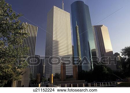 Houston, skyline, TX, Texas, Fountain at Tranquility Park with high-rise buildings in downtown Houston. View Large Photo Image Picture - Houston, skyline, TX, Texas, Fountain at Tranquility Park with high-rise buildings in downtown Houston.. Fotosearch