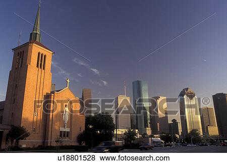 Stock Photo -  Houston, skyline, TX, Texas, Trinity Lutheran Church and skyline of downtown Houston.. Fotosearch