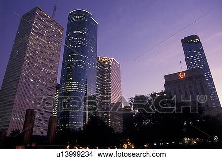 Houston, TX, skyline, Texas, Downtown skyline of Houston from Tranquility Park at sunset. View Large Photo Image Picture - Houston, TX, skyline, Texas, Downtown skyline of Houston from Tranquility Park at sunset.. Fotosearch