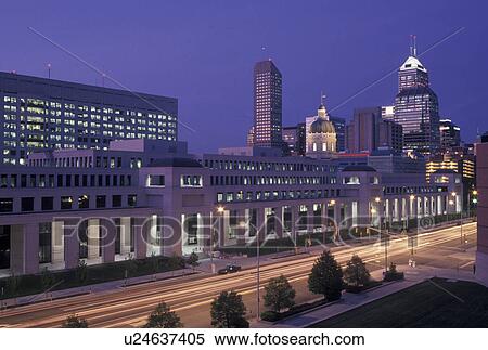Stock Photography -  Indianapolis, skyline, IN, Indiana, Downtown skyline of Indianapolis in the evening.. Fotosearch