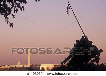 Iwo Jima, Washington, DC, Marine Corps Memorial, Arlington, VA, DC, Washington, Arlington National Cemetery, Virginia, sunset, A silhouette of the U. S. Marine Corps Memorial, Iwo Jima, at the Arlington Nat'l Cemetery overlooking Washington DC. Early morn View Large Photo Image Picture - Iwo Jima, Washington, DC, Marine Corps Memorial, Arlington, VA, DC, Washington, Arlington National Cemetery, Virginia, sunset, A silhouette of the U. S. Marine Corps Memorial, Iwo Jima, at the Arlington Nat'l Cemetery overlooking Washington DC. Early morn. Fotosearch