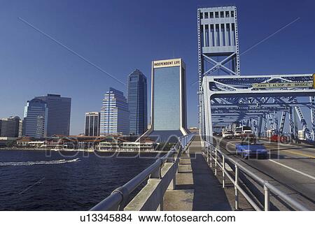 Jacksonville, FL, Florida, View of skyline of Jacksonville from Main Street Bridge which spans the St. Johns River. View Large Photo Image Picture - Jacksonville, FL, Florida, View of skyline of Jacksonville from Main Street Bridge which spans the St. Johns River.. Fotosearch