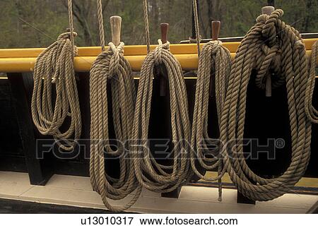 Jamestown, rope, Virginia, VA, Colonial National Historical Park, Ropes hanging on The Godspeed, a full replica of a sailing vessel, docked on the James River at the Jamestown Settlement a living history complex in Jamestown. View Large Photo Image Stock Photo -  Jamestown, rope, Virginia, VA, Colonial National Historical Park, Ropes hanging on The Godspeed, a full replica of a sailing vessel, docked on the James River at the Jamestown Settlement a living history complex in Jamestown.. Fotosearch