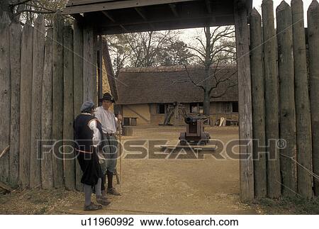 Jamestown, Virginia, Colonial National Historical Park, VA, Men dressed in 17th-century attire at the entrance to James Fort at the Jamestown Settlement a living history complex in Jamestown. View Large Photo Image Stock Image -  Jamestown, Virginia, Colonial National Historical Park, VA, Men dressed in 17th-century attire at the entrance to James Fort at the Jamestown Settlement a living history complex in Jamestown.. Fotosearch