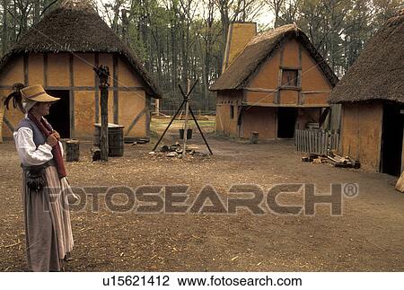 Jamestown, Virginia, Colonial National Historical Park, VA, Woman dressed in 17th-century attire at James Fort at the Jamestown Settlement a living history complex in Jamestown. View Large Photo Image Stock Image -  Jamestown, Virginia, Colonial National Historical Park, VA, Woman dressed in 17th-century attire at James Fort at the Jamestown Settlement a living history complex in Jamestown.. Fotosearch